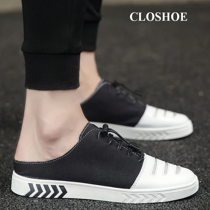 

CLOSHOE Summer Half Slipper Canvas Bean Shoe Does Not Have Heelless Breathable Recreational Shoe Men's Shoe