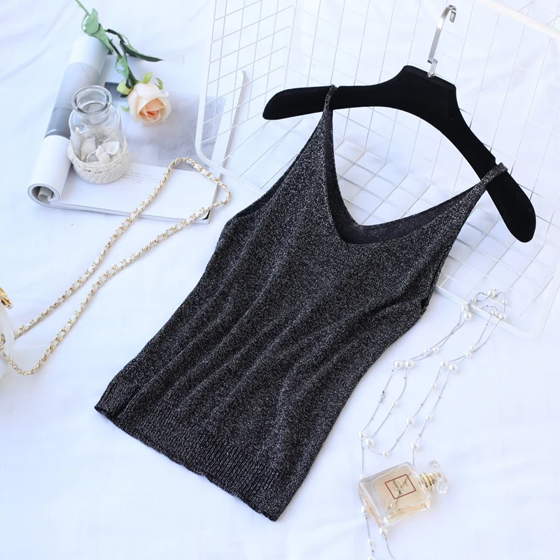 

EAD 6 Colors Shiny V Neck Women Sexy Cami Top Fashion Ladies Elastic Summer Tank Tops New Slim Fitness Strappy Sleeveless Vest