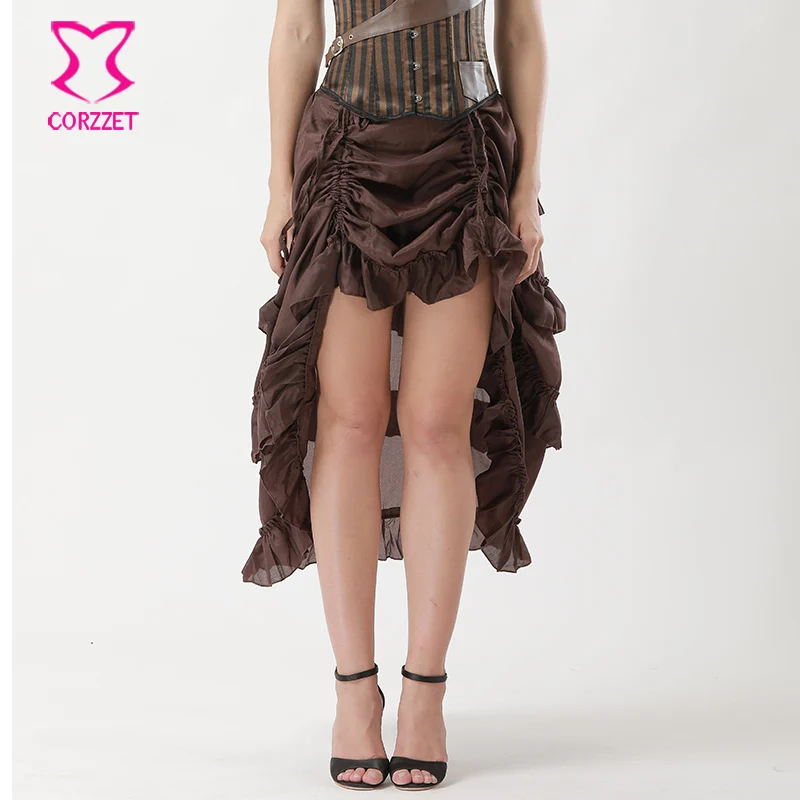 Vintage Brown Ruffle Chiffon Women's Victorian Gothic Steampunk Skirt Plus Size Adjustable Long Skirts For Women S-6XL велобандана buff camu fish brown б р one size 18102 00