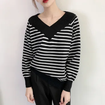 

Winter Women Sweater Pullovers 2019 New Striped V Neck Long Sleeve Knitted Sweater female Jumpers Casual Tops pull femme
