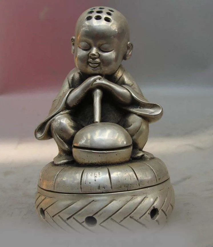 

China Buddhism Fane White Copper Silver Buddhist monk Muyu Incense Burner Censer SD 506