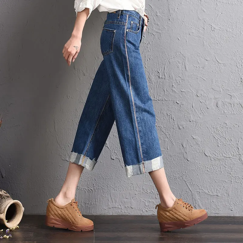 New Fashion Boyfriend Style Jeans Women Denim Wide Leg Pants Cuffs Side