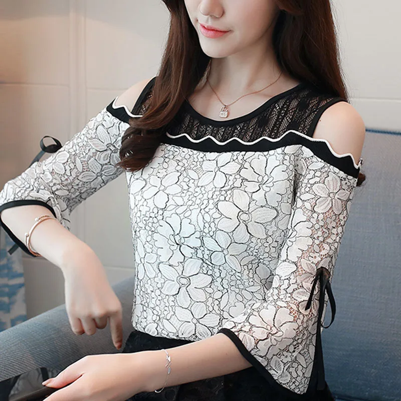 

lace women blouse shirt fashion women blouses 2018 summer flare sleeve lace women top female shoulder off top blusa feminina A18