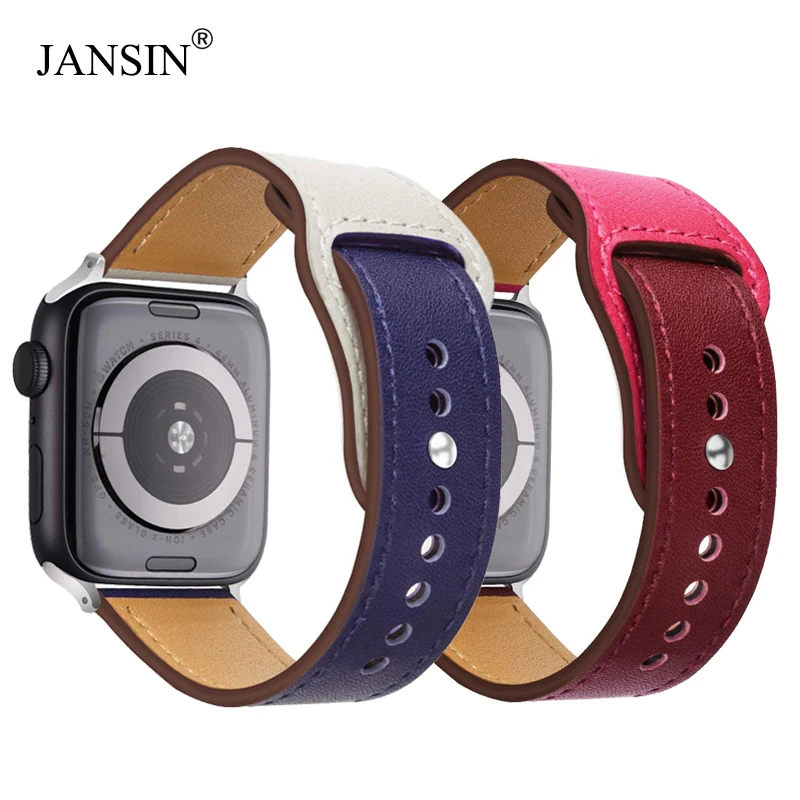 

JANSIN New Double color leather band for apple watch series 4 3/2/1 Genuine leather Sports Strap for iWatch 38mm 42mm 40mm 44mm