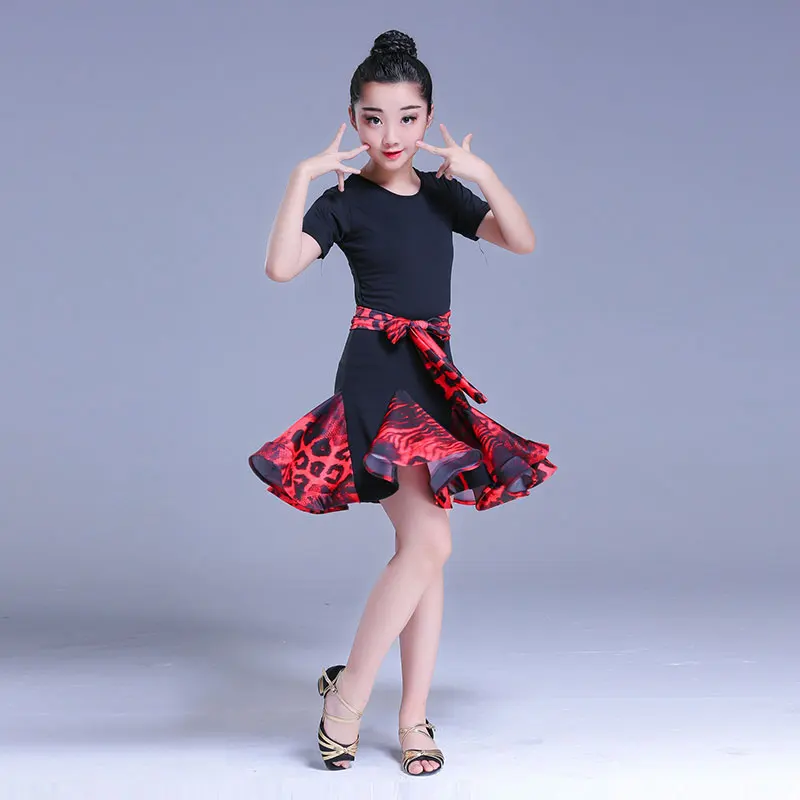 Blue Children's Latin dance dress Girls Salsa Lace Red Black Dancwear Costumes 