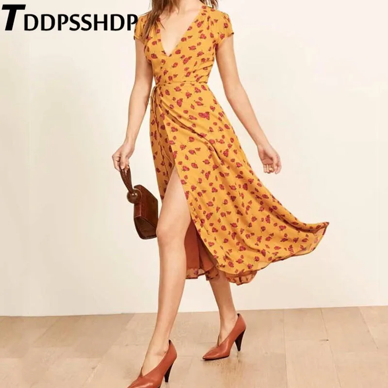 

Little Red Flower Printing Women Dress Short Sleeve Wrap Style Waist Strap Yellow Female Dresses