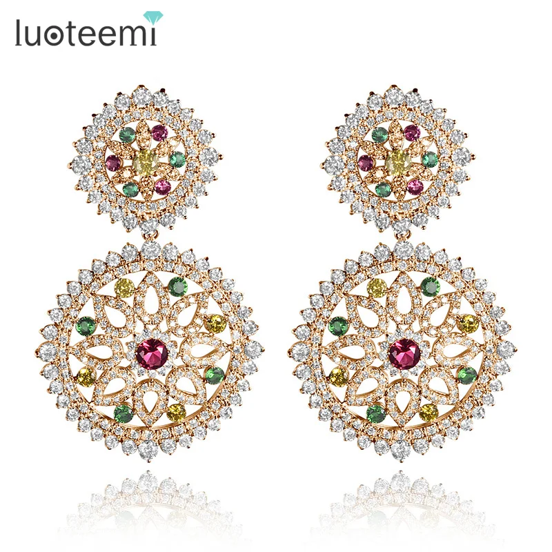 

LUOTEEMI Brand Vintage Brincos White/Champagne Gold-Color 2pcs Round Clear And Multi Zirconia Drop Earrings for Women Party