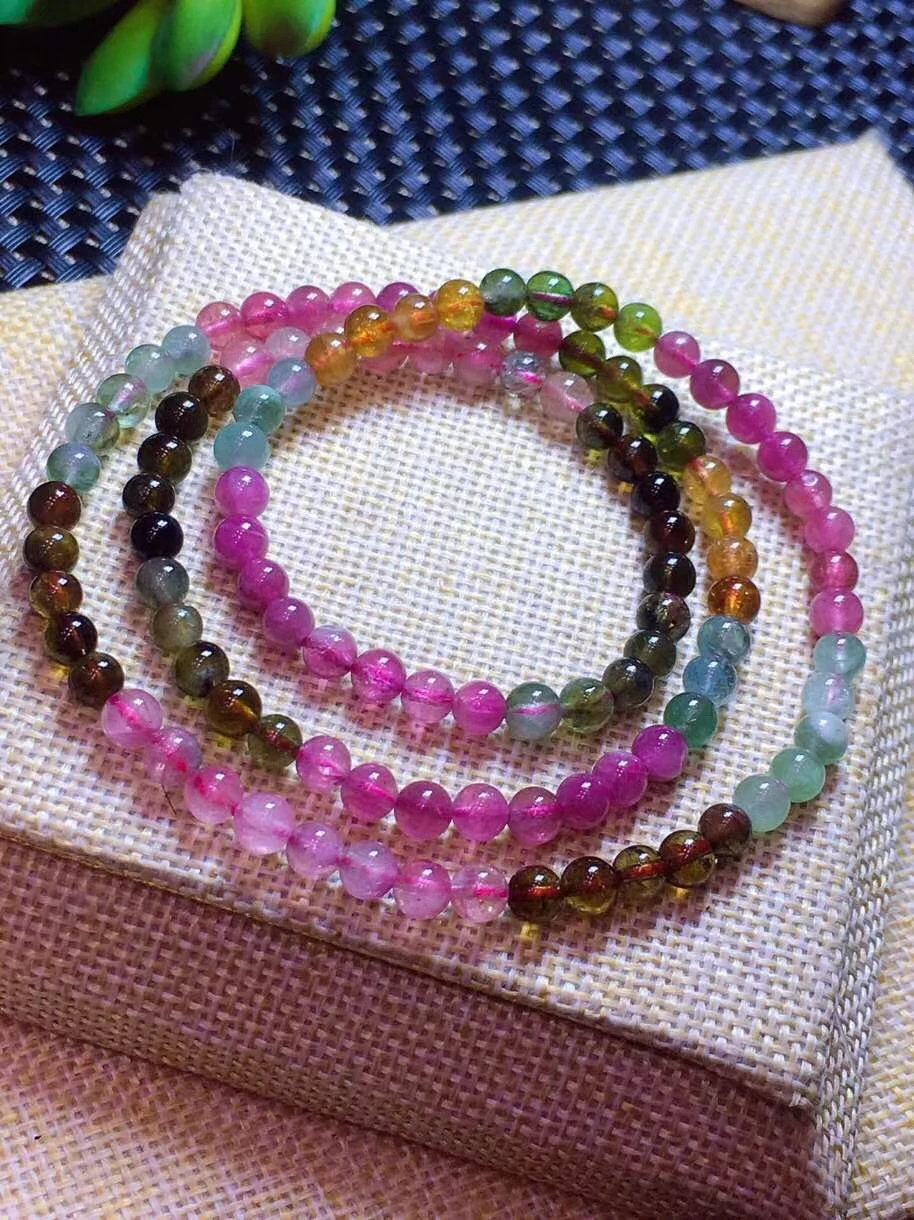 

Genuine Natural Colorful Tourmaline Crystal Woman Bracelets Necklace 3 Laps 4.5mm Round Beads Brazil AAAAA Certificate