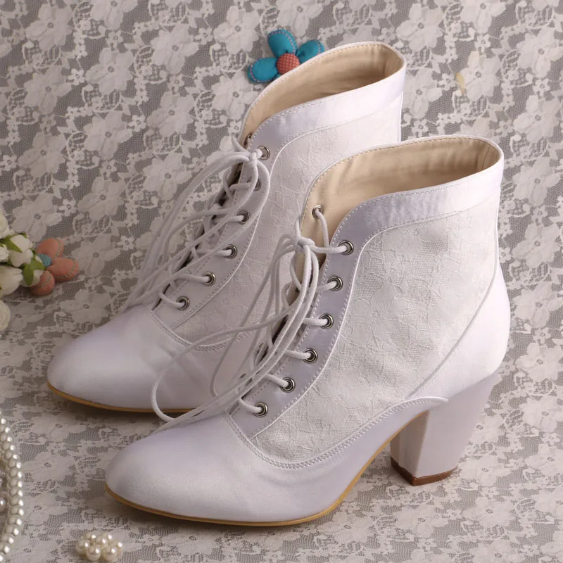 Белые свадебные туфли под заказ; ботинки для невесты на квадратном каблуке; женская обувь для невесты на шнуровке - Цвет: Белый