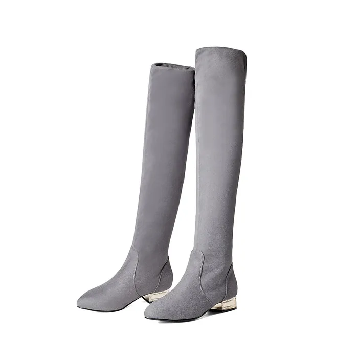 ANNYMOLI/женские ботфорты зимняя обувь на низком каблуке новые высокие сапоги до бедра серые высокие ботинки на толстом каблуке Осенние Размеры 3-10,5 10 - Цвет: Серый