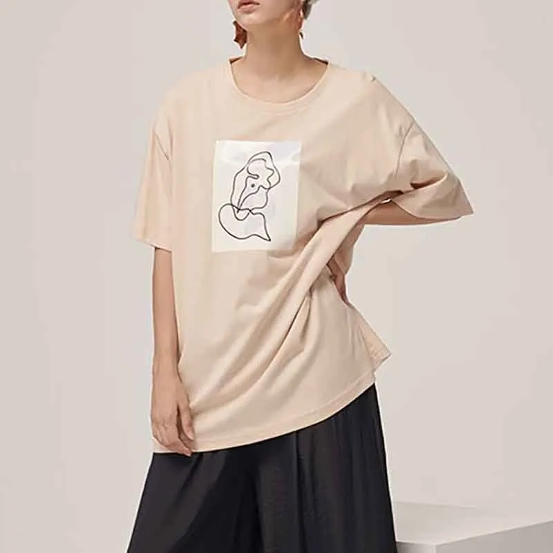 

[YaLee] New Fashion 2019 Summer Thin Simple Abstract Printed Round Neck Short Sleeve Lrage Size T-shirt Women A307
