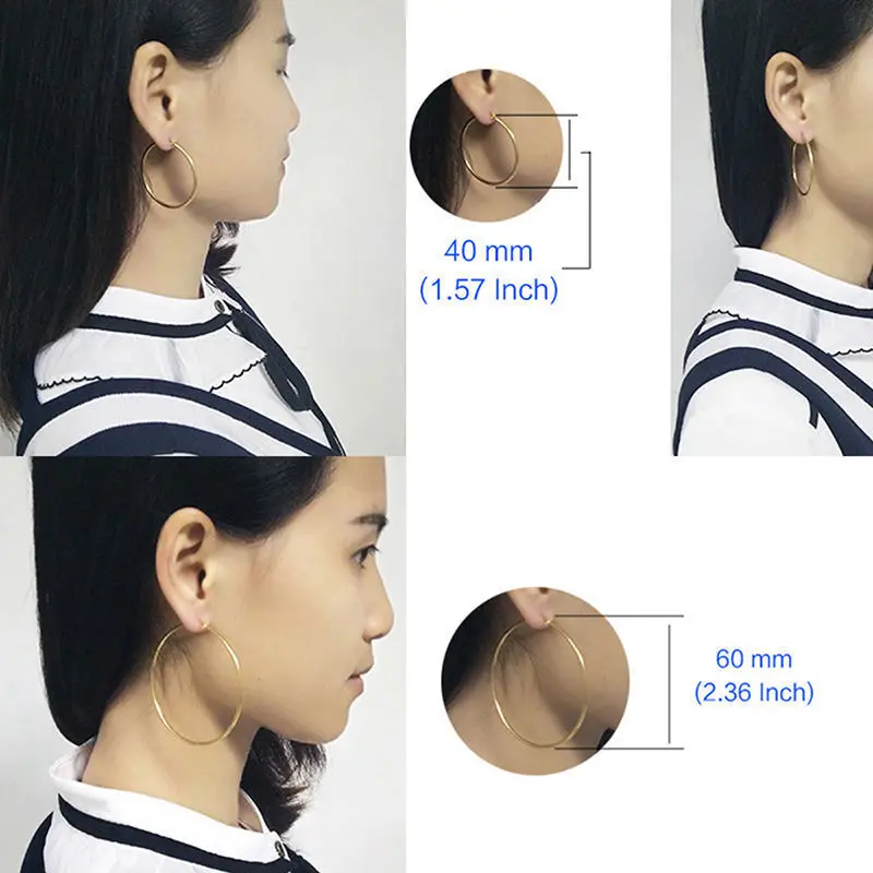 1 пара, женские гипоаллергенные Круглые Гладкие большие серьги-кольца из нержавеющей стали, ювелирные изделия, размер 30-60 мм