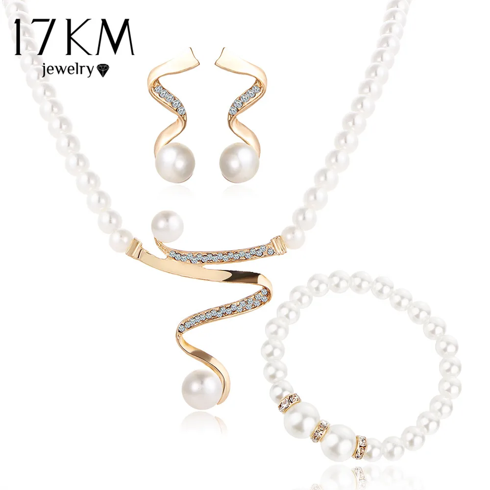 

17KM Vintage Simulated Pearl Jewelry Sets For Women Wedding Bridal Crystal Necklace Earrings Gold Color Bracelet African Set