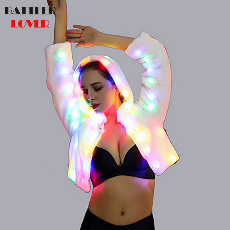 LED White Rabbit Fur Coat Winter Jacket Women Coats Jackets Femme Mujer Halloween Party Overcoats Womens Damen Pelzmantel Jacket