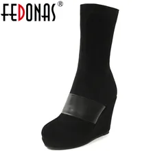 FEDONAS/1; модные женские ботинки до середины икры; сезон осень-зима; теплая замшевая обувь на высоком каблуке; женские вечерние ботинки с круглым носком