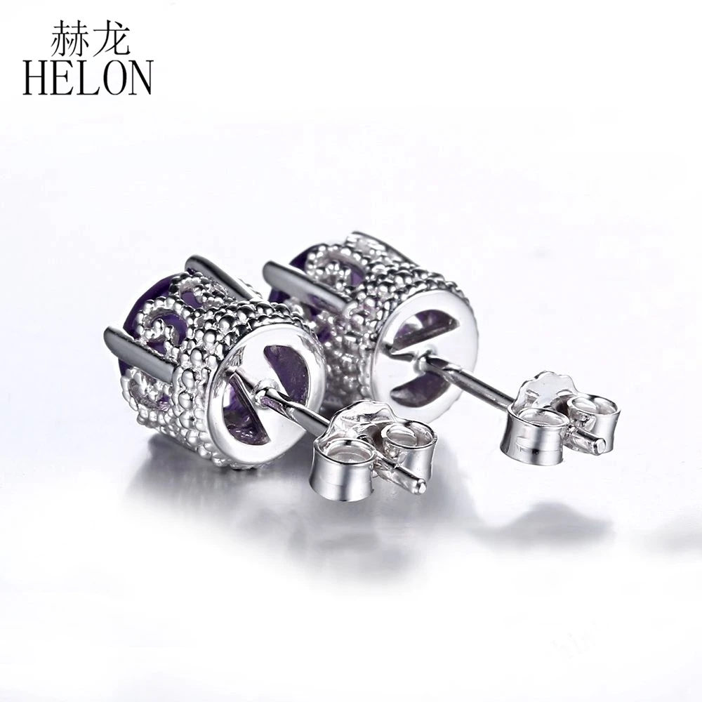 HELON Solid 10K белое золото 1.6ct настоящие натуральные серьги с аметистом для свадебное кольцо для женщин арт-деко романтические драгоценности