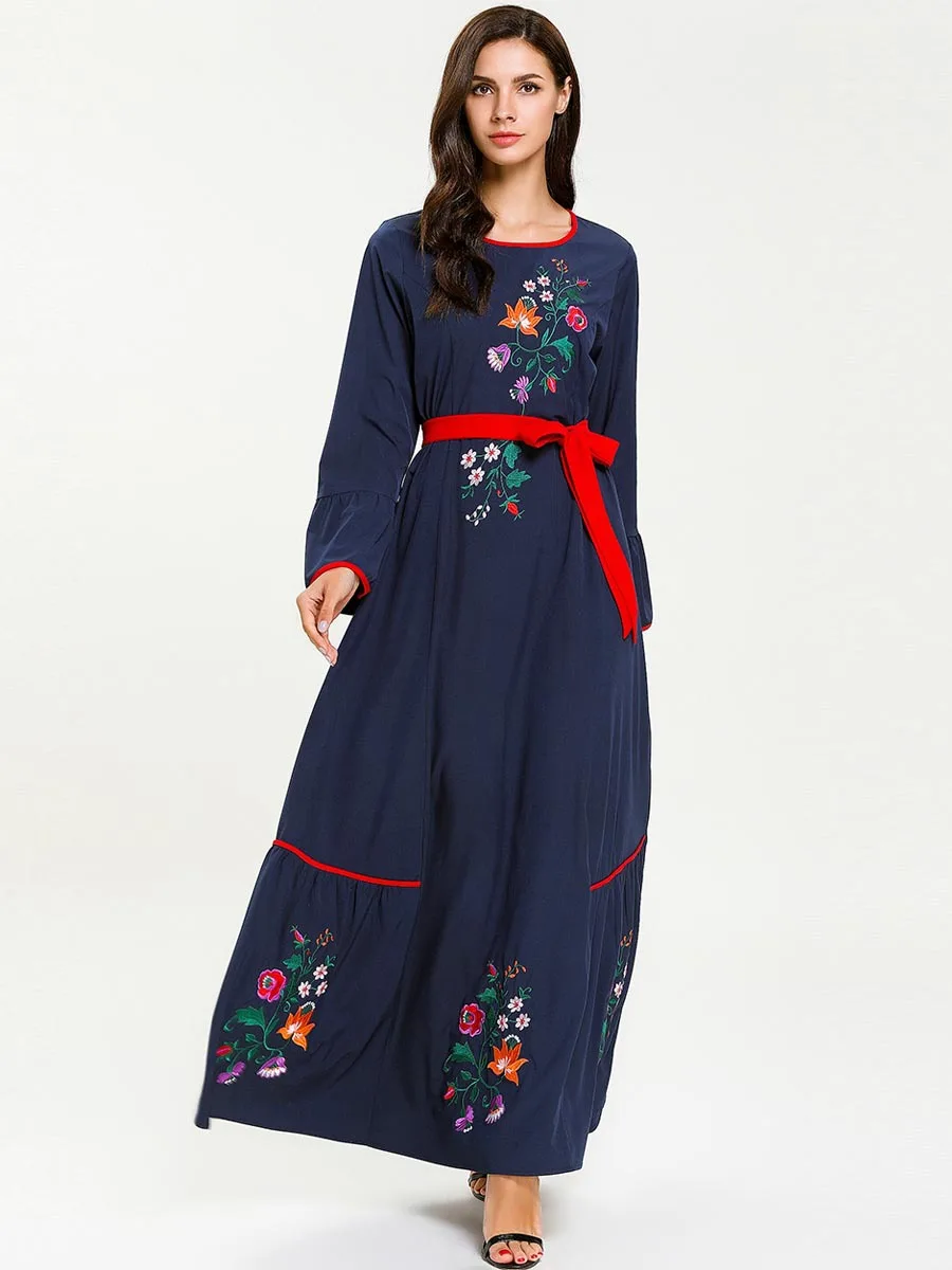 4XL Цветочная вышивка Ближний Восток женское мусульманское платье халат Исламская мусульманская абайя Ближний Восток длинное платье jilbabe Femme Musulman