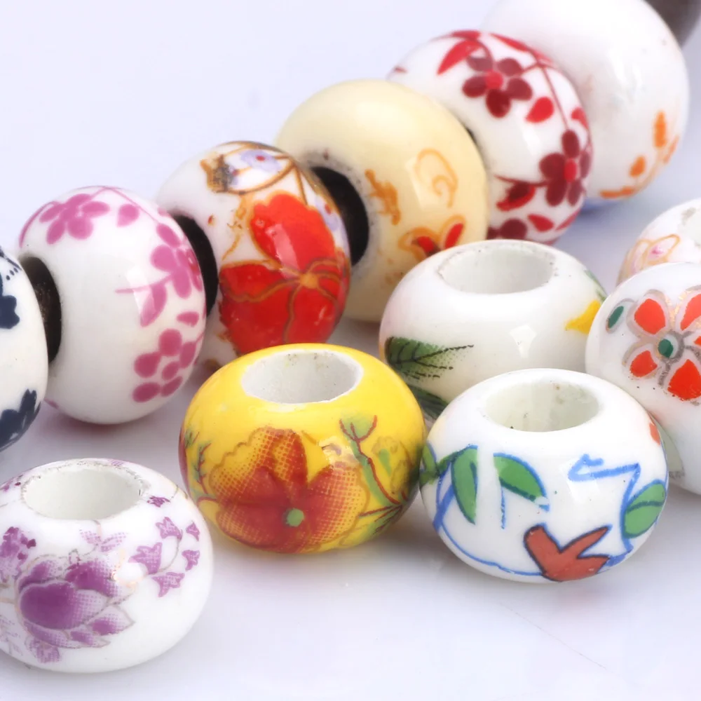 

OlingArt 13*8MM 10pcs/lot Mixed colors printing Ceramic round hole 5mm beads Necklace Bracelet DIY Jewelry Making Leather rope