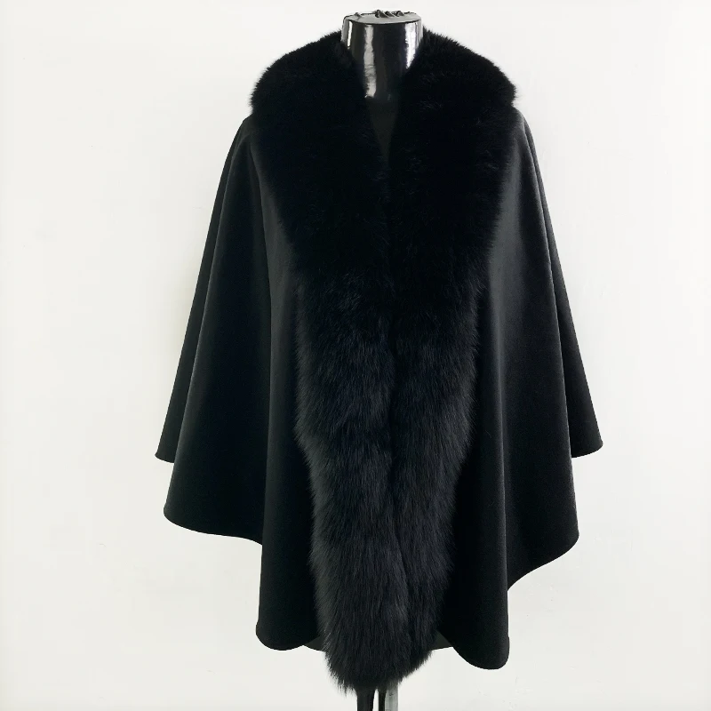 

2019 BFFUR Woolen Blends Drawstring Classic Black Luxury Wrap For Female Women's Cape With Genuine Fox Fur Collar Trim Shawl