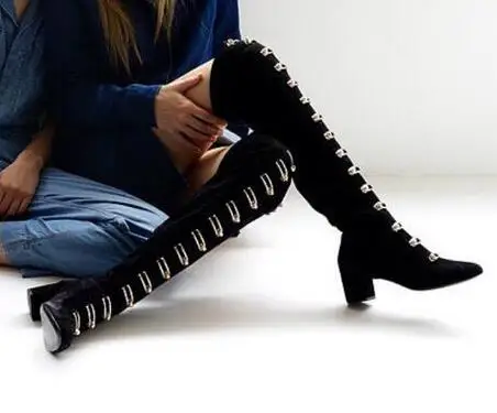 

2017 Hot selling metal buckle decorations thick heels boots pointed toe over the knee boots sexy thigh high boots for woman