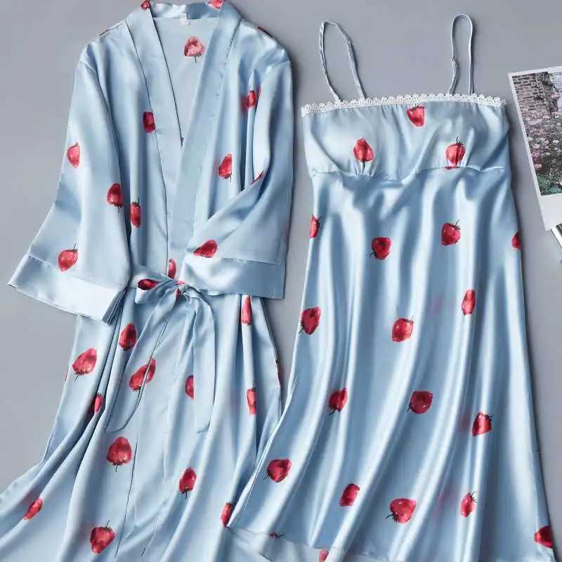 Комплект из 2 предметов, брендовый сексуальный женский халат и платье, комбинезон для ванной+ Ночное платье, комплект из двух предметов для сна, Женский комплект для сна из искусственного шелка