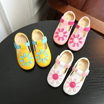 

2019 Spring New Girls Princess Leather Shoes Fashion Casual Flats Sunflower Moccasin-gommino Single Shoe Cow Muscle Pink Yellow