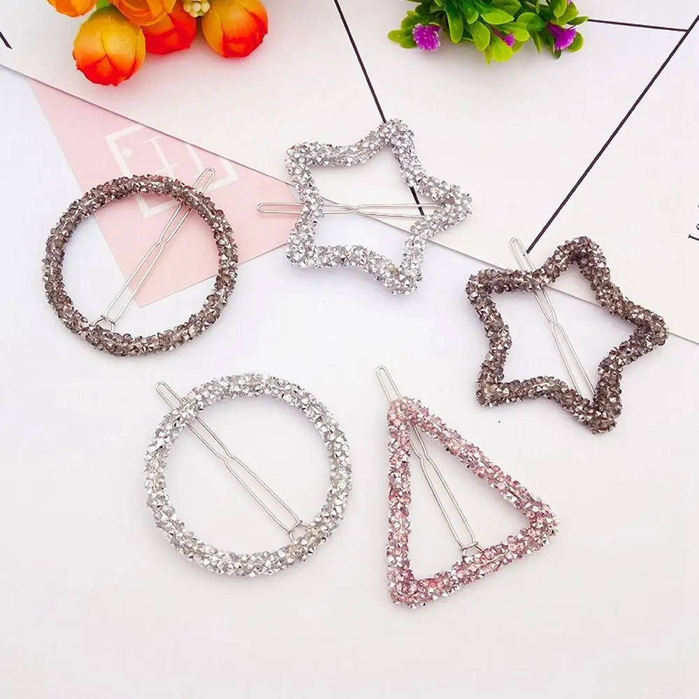 

Woman Korean Fashion Crystal Rhinestones Hair Accessories Star Triangle Round Shape Hair Clip Pin Geometric Barrette Girl Holder