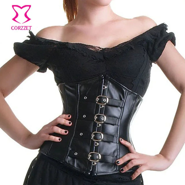 

Black Underbust Corset Leather Corsets And Bustiers Steampunk Korsett For Women Sexy Burlesque Costume Espartilhos E Corpetes