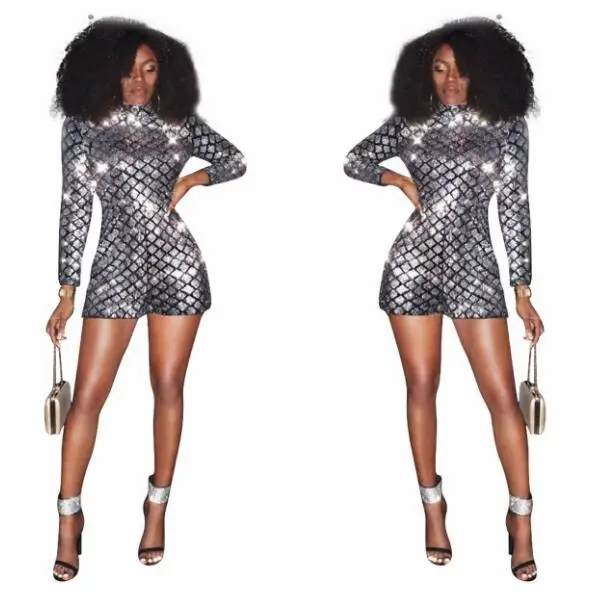 

Sparkly Silver Sequins Spandex Bodysuit Women's Birthday Party Celebrate Outfit Bar DJ Female Singer Dance Playsuit Clothes