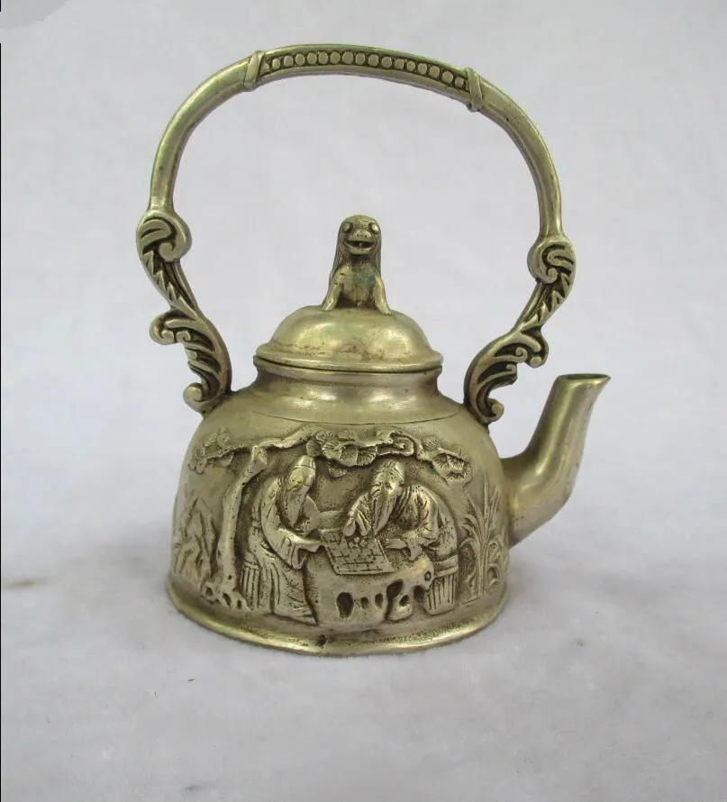 

Art collection old chinese handmade tibet silver 2 man playing chess tea pot/metal teapot craft for home decoration
