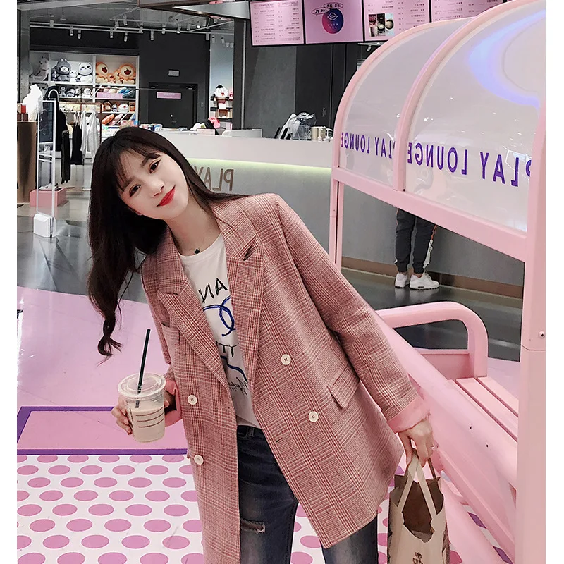 

2019 Spring New Korean Pink Suit Top Fashion Long Korean Version Loose Plaid Suit Jacket Button Notched Double Breasted Plaid