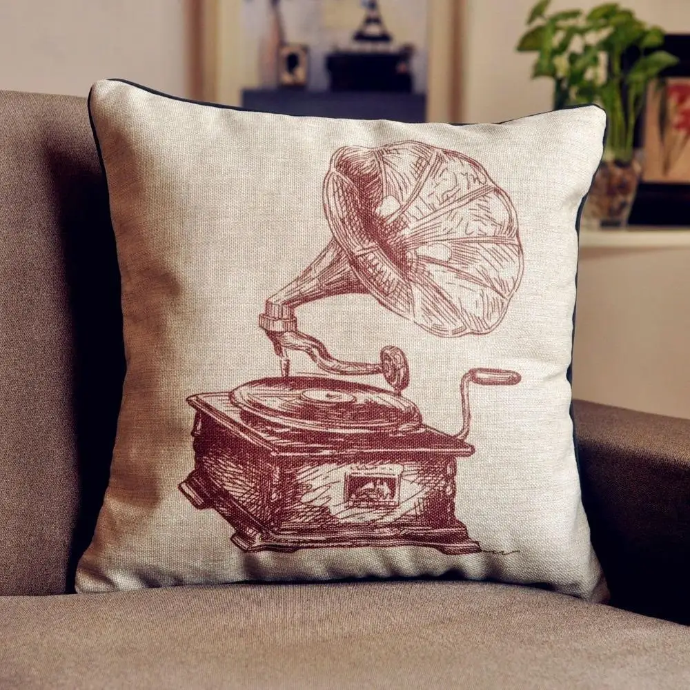 cheap Vintage Retro Phonograph cushion cover Linen Chair Pillow cover office Home Decor sofa cushions