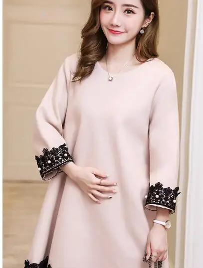 Зимнее Новое Кружевное Розовое элегантное платье для беременных Одежда для беременных кашемировая Бежевая Одежда для беременных