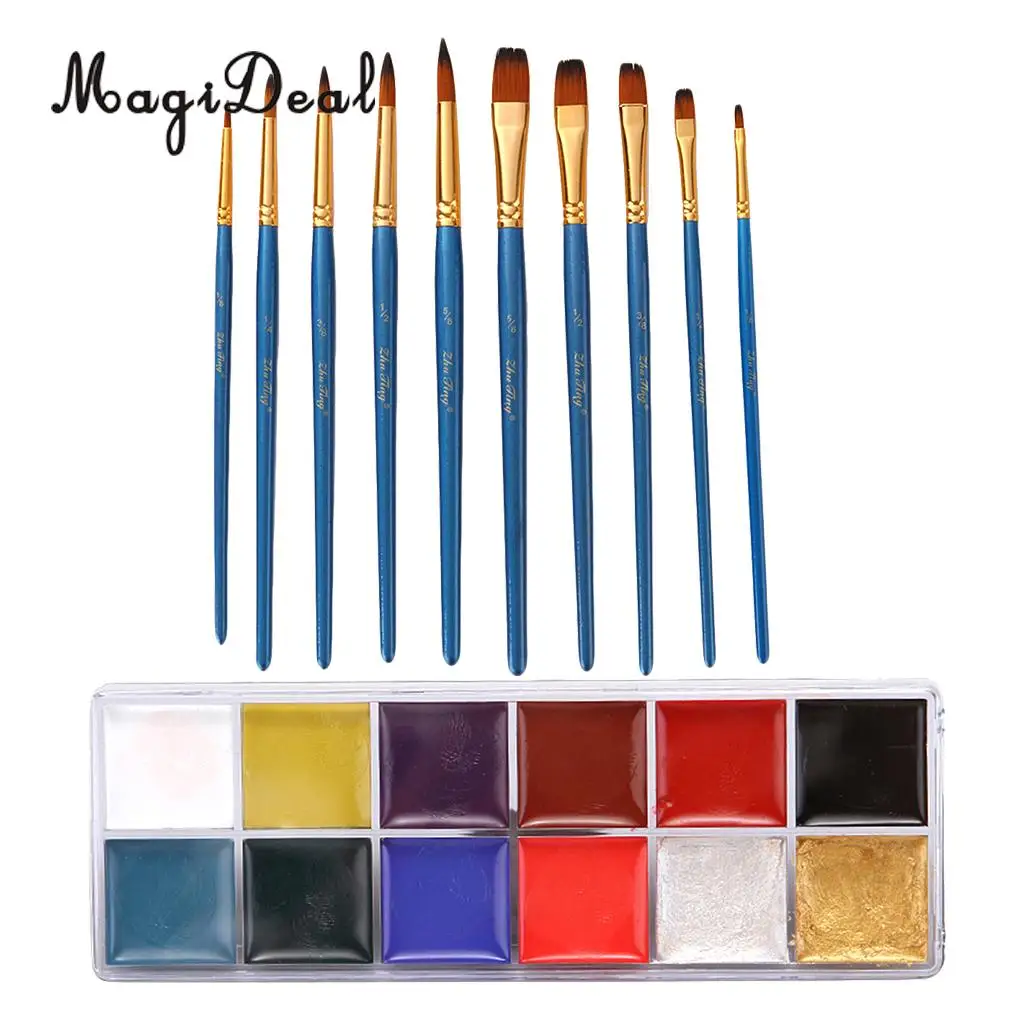 12 Color Safe Non-Toxic Oil Based Face Body Art Paint Palette Cosmetics with 10pcs Painting Brush for Party Fancy Dress Makeup