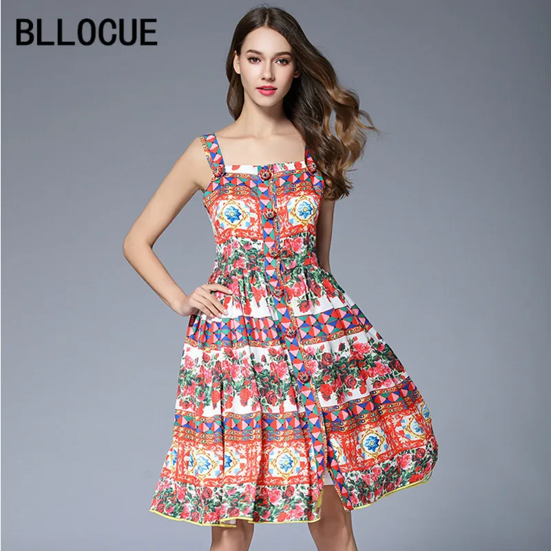 

BLLOCUE High Quality 2018 Designer Runway Summer Dress Women's Spaghetti Strap Casual Elegant Rose Floral Print Dress