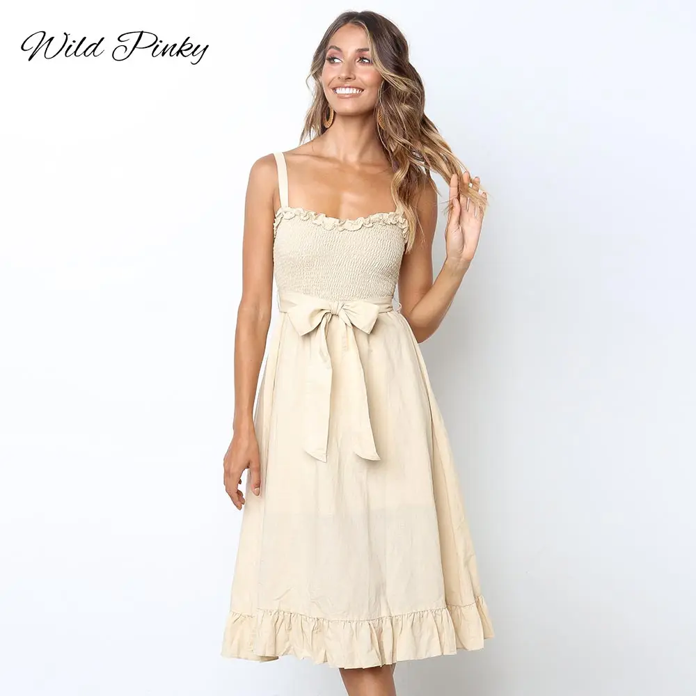 

WildPinky New Fashion Women Bow Tie Dress Summer Off Shoulder Spaghetti Strap Midi Dress Lady Sling Ruffle Dress Vestidos Robe