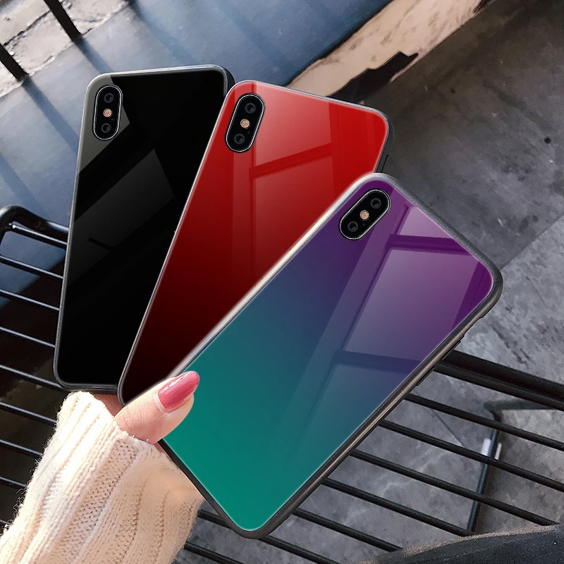 Hisomone Gradient Color Phone Case For iPhone 6 6S 7 8 Plus X Xs Max Xr Glass Silicone Back Case For iPhone 7 6 S Cover Conque