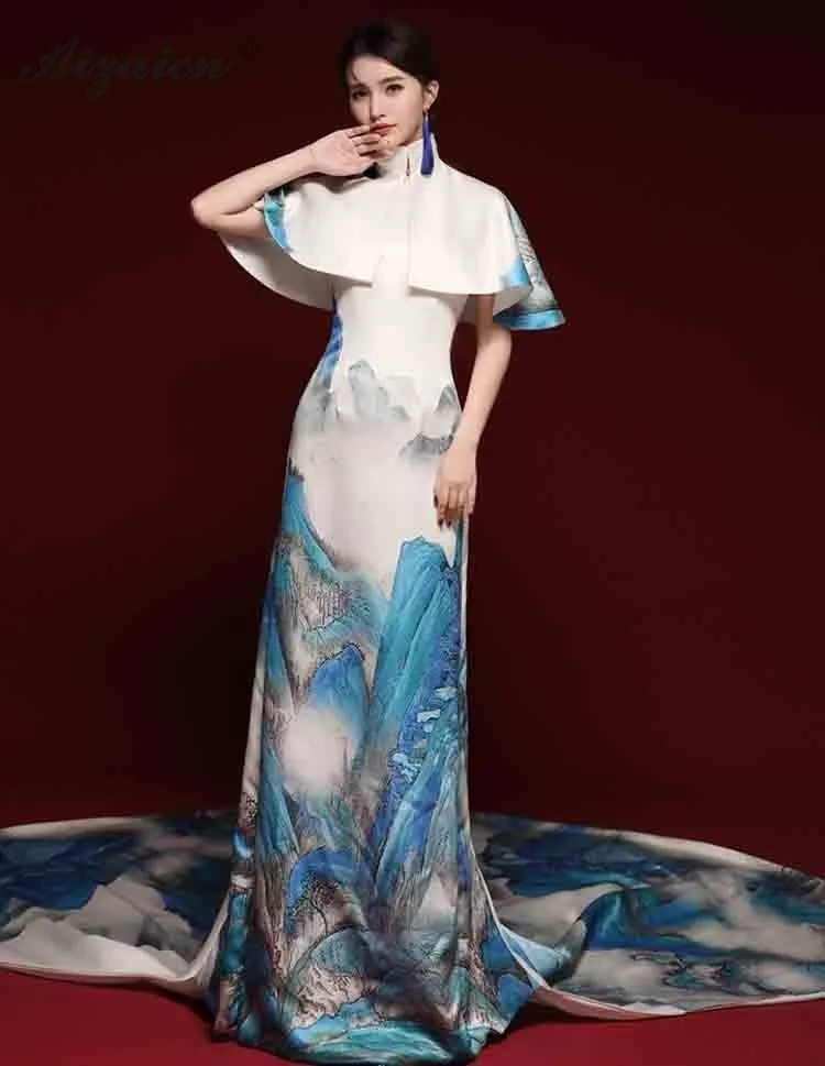 Новинка 2019 года этап шоу Длинные Cheongsam Современная нация ветер хост Qi ПАО для женщин Oriental вечернее китайское платье-Ципао Chinoise белый хвост