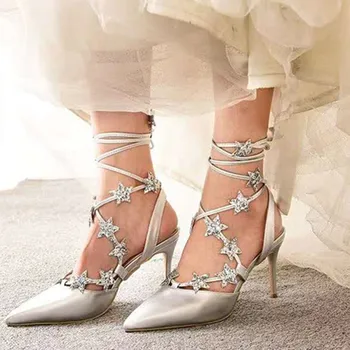 

2019 Gladiator Women Sandals Cross-tied Designer High Heels Bling Stars Decor Summer Shoes Woman Pumps Pointed Toe Wedding Shoes