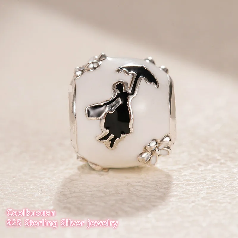 

925 Sterling Silver Mary Poppins Silhouette Charm, White & Black Enamel beads Fit Original Brand Charms Bracelet 2018 Winter