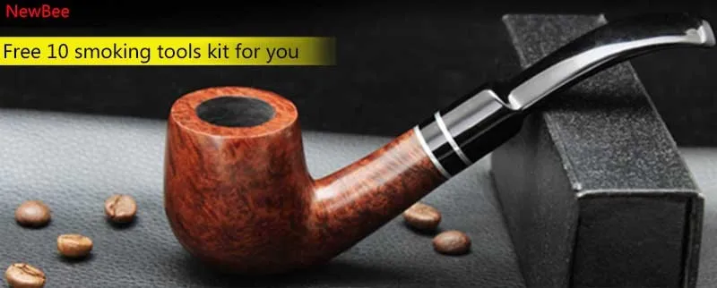 11 imported briar wood tobacco pipe with double metal ring deco bent saddle mouthpiece 9mm carbon filter men smoking pipe