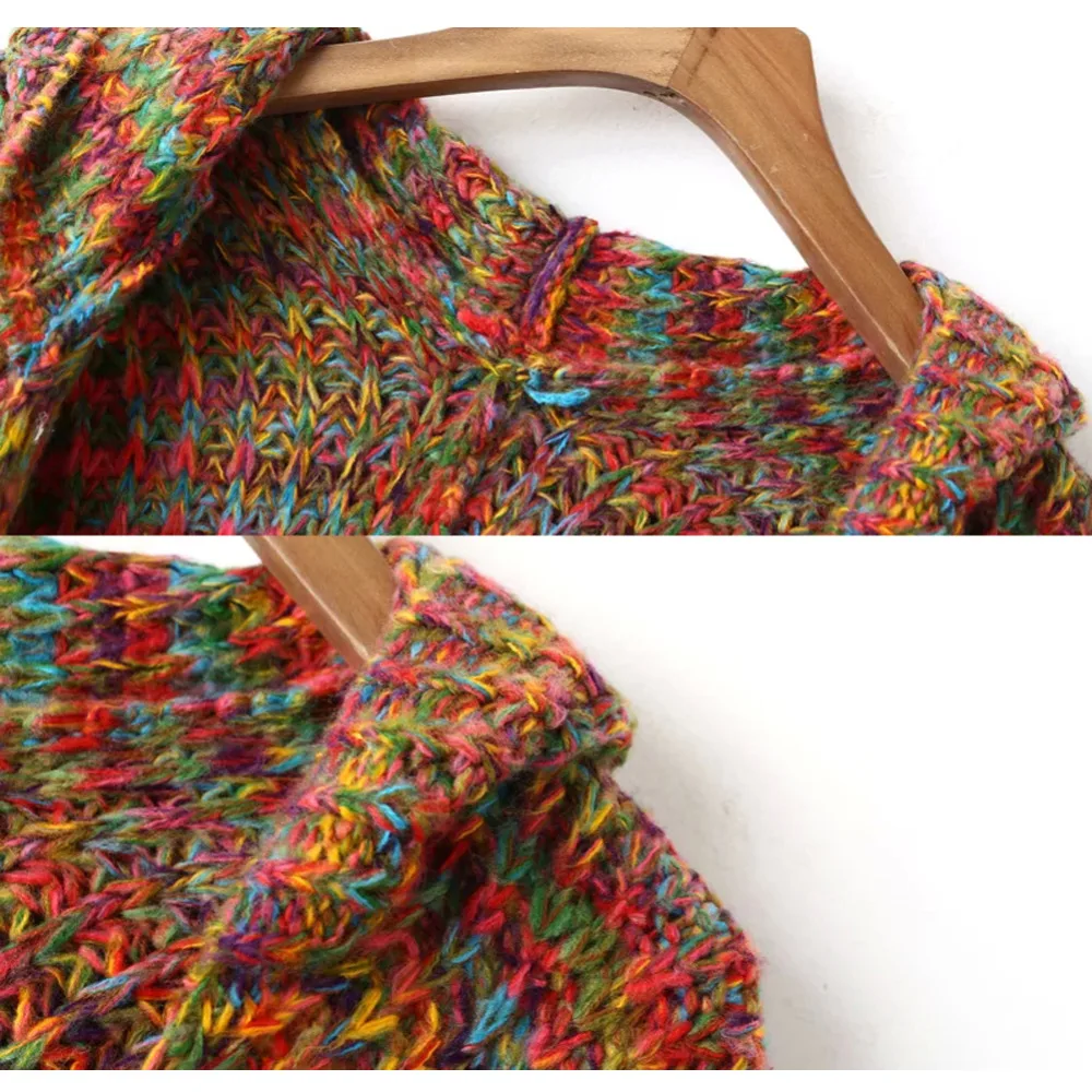 Winter Long Cardigan Women Hooded Sweater Rainbow Knitted Christmas Pull Jumper Autumn Oversized Tops Plus Size Clothing