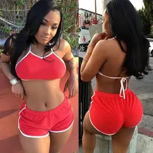 Women Sexy Fitness Stretch Crop Tank Tops Hot Pants Shorts Bra Set Halter Backless Brief Set 2 Colors Solid Bra Sets