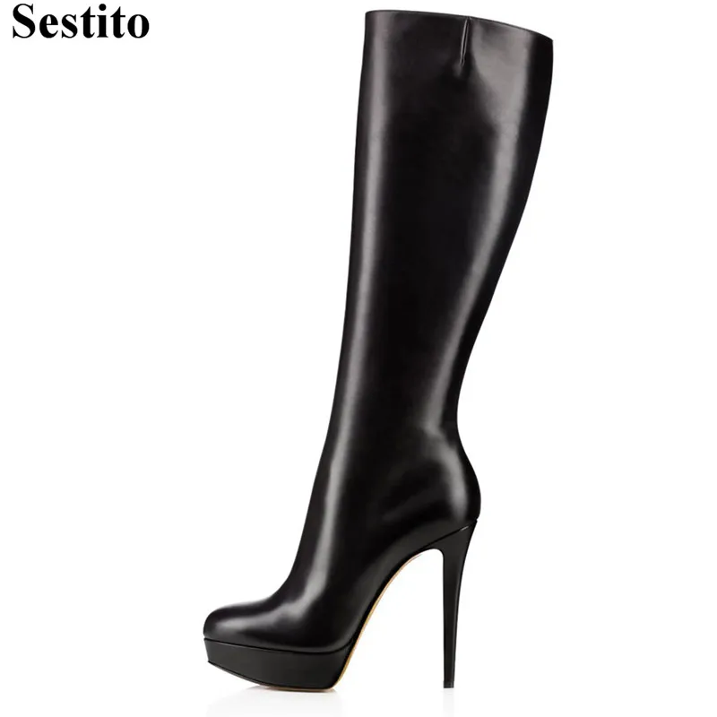 

Fashion Black Sewing Winter Boots Woman Pointed Toe Super High Thin Heels Platform Mid-Calf Boots Women Zip Casual Women Shoes