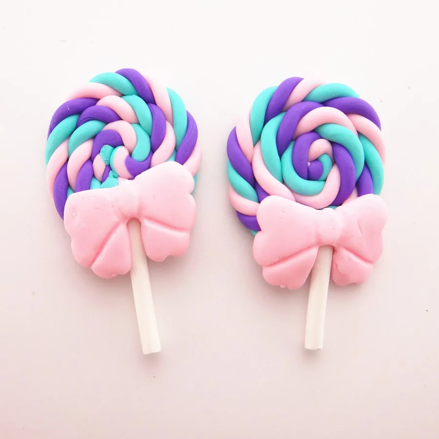 10pcs/lot 28*42MM Kawaii Soft Clay Rainbow Lollipop Cabochons Handmade Resin Material DIY Hair Bow Decorative