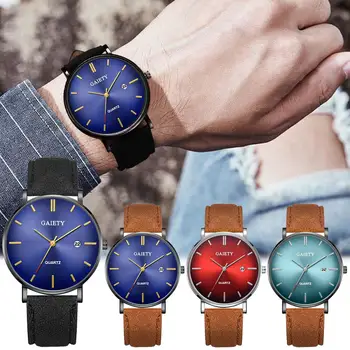 

New Simple Men No Number Analog Big Round Dial Faux Leather Band Quartz Wrist Watch