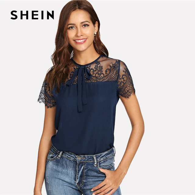 $US $7.86  SHEIN Navy Tie Neck Lace Shoulder Contrast Mesh Button Top Blouse Spring Weekend Casual Round Neck 