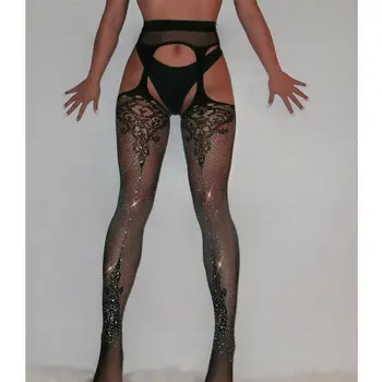 

Top Women Sexy Fishnet Tights Stocking Thigh Suspender Pantyhose Mesh Stocking Black New Crystal Rhinestone Panty Belted Fishnet