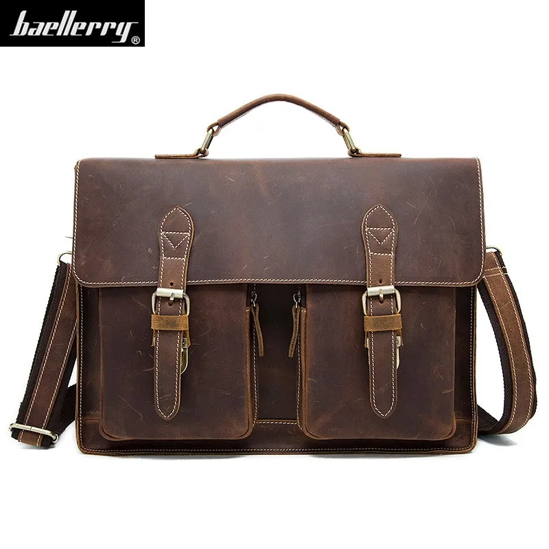 

Top Grade Male business Men's Vintage genuine Crazy Horse Leather Briefcase Messenger Shoulder Portfolio Laptop Bag Case Handbag