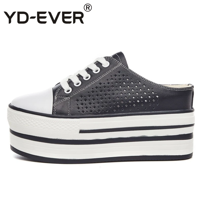 

YD-EVER genuine leather women shoes platform wedge shoes super high heel summer hollow casual shoes lace up slippers 33